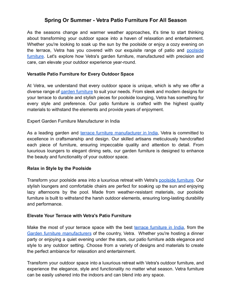 Spring Or Summer - Vetra Patio Furniture For All Season